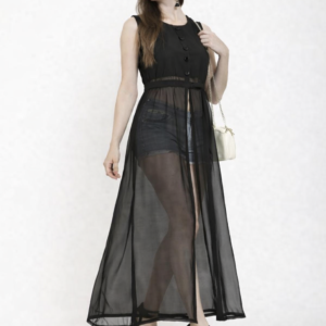 women’s black sheer long shrug dress with front slit – stylish layered look
