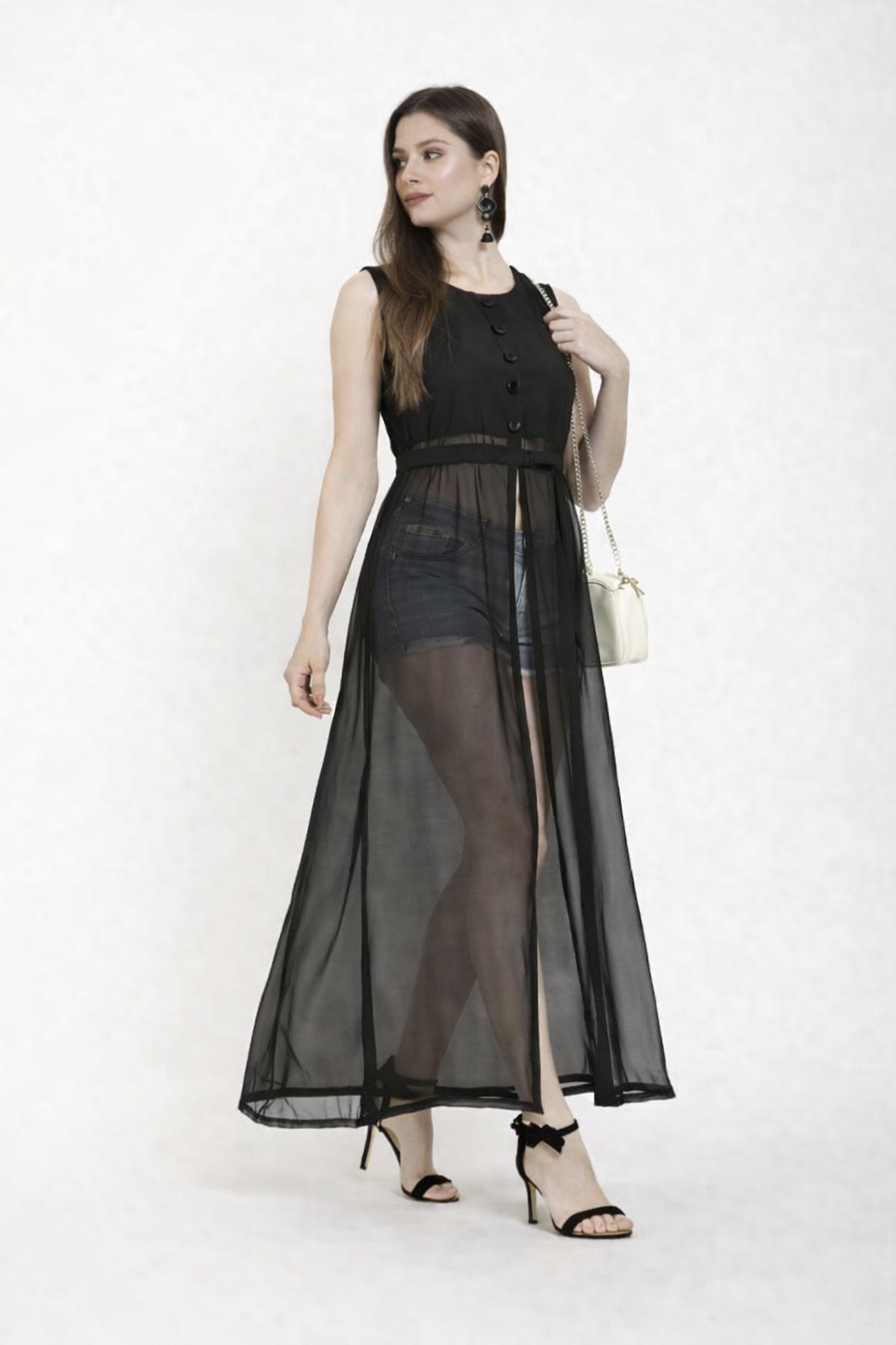 women’s black sheer long shrug dress with front slit – stylish layered look women’s black sheer long shrug dress with front slit – stylish layered look