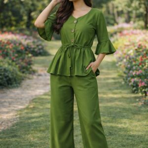 women stylish green co ord set | button front top with waist tie & wide leg pants