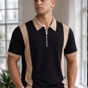 🖤 men’s black & beige zip collar polo t shirt